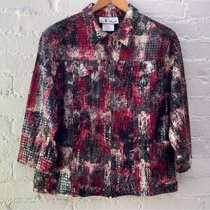 Vintage 90s Womens Stretchy Sequin Zip Front Blazer Shirt Red Printed Glam Party